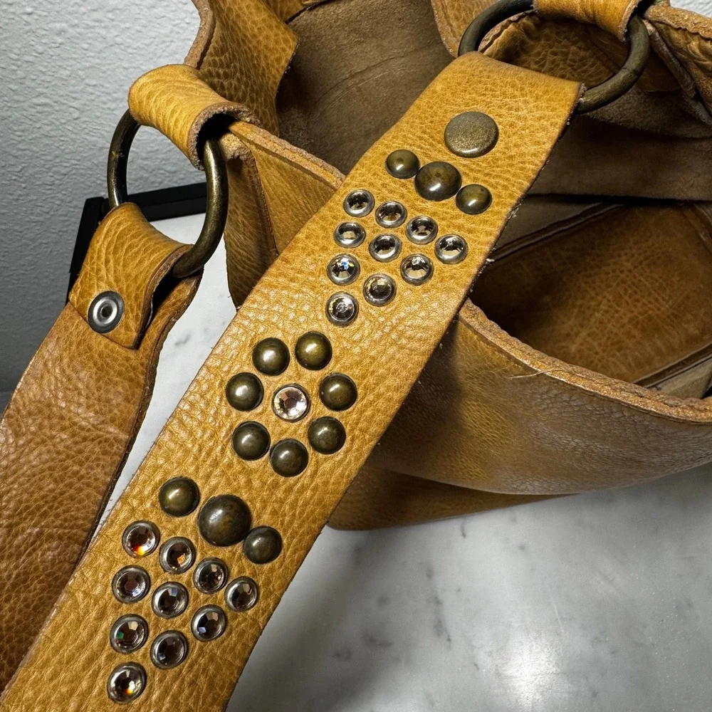 Two Bar West Tan Pebbled Leather Studded Crystal Strap Western Hobo Shoulder Bag